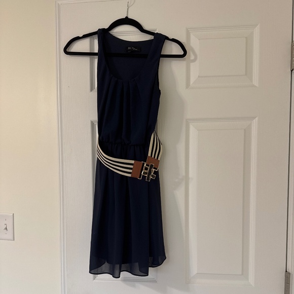 Navy Sleeveless Chiffon Dress with Striped Statement Belt - Picture 1 of 1